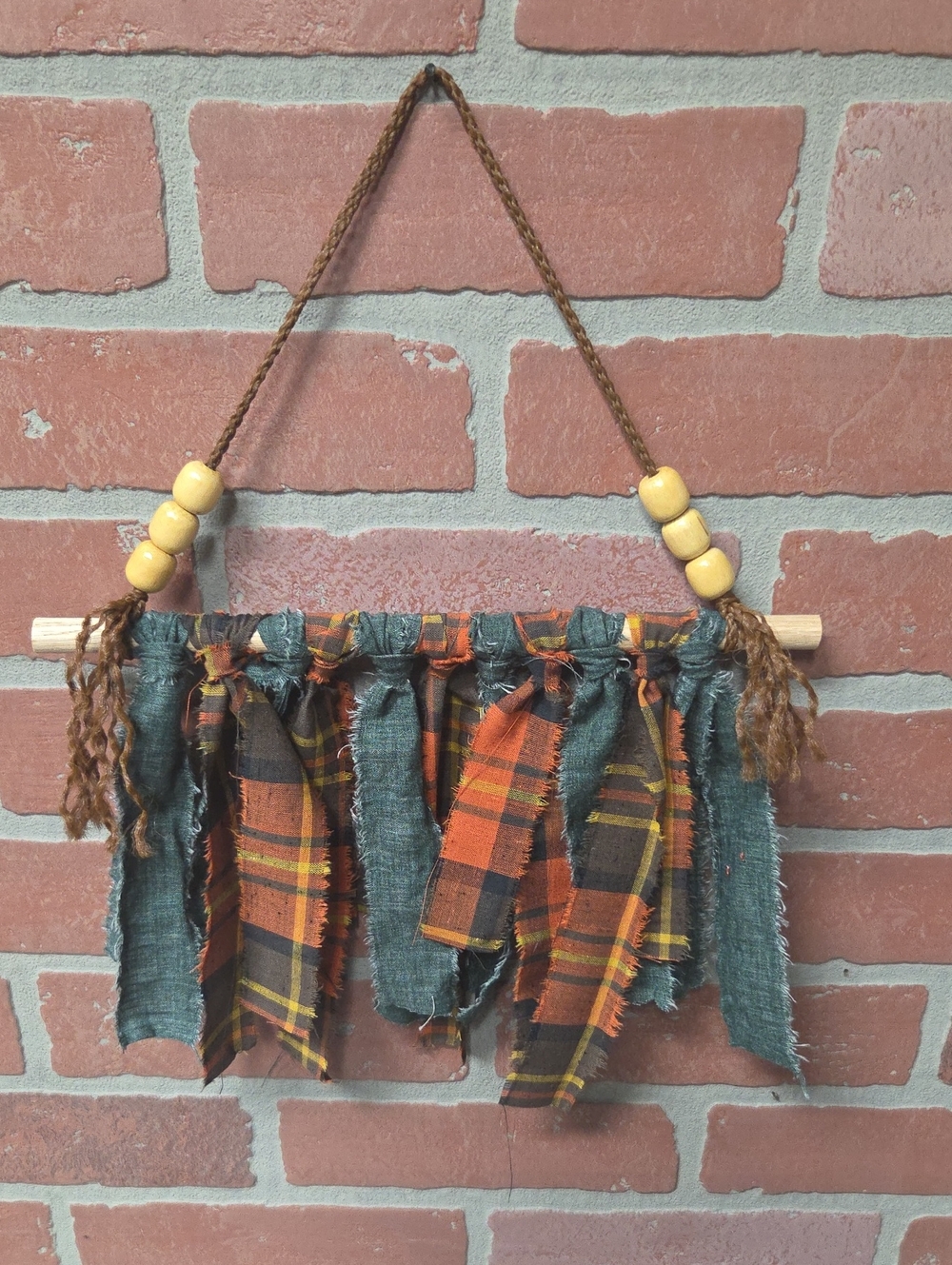 Handmade Plaid & Teal Fabric Fringe Wall Hanging